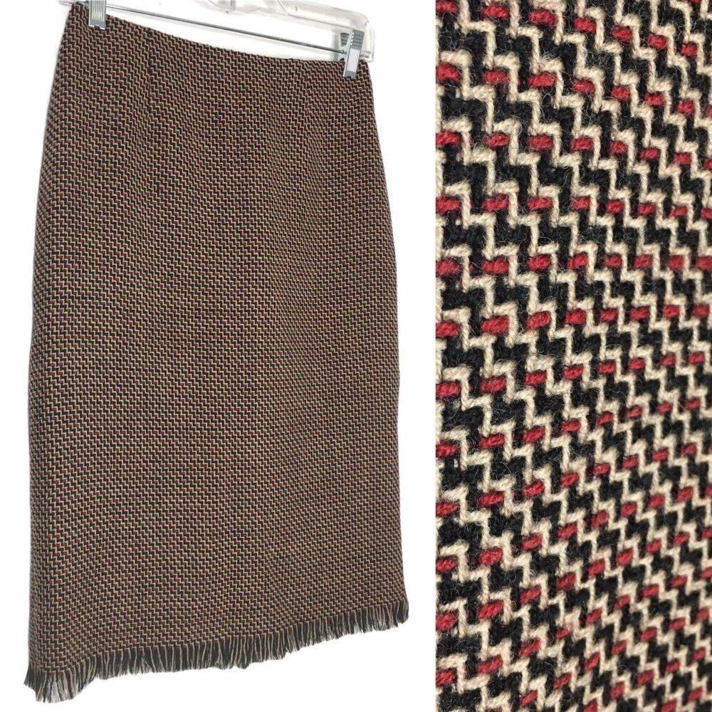 HAROLD'S Woven Tweed Wool Fringe Hem Skirt 2